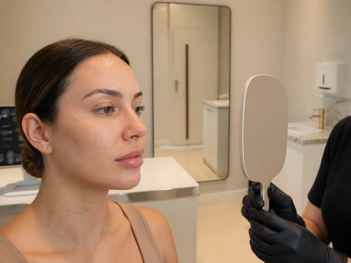 Editorial image representing lip filler placement and migration assessment