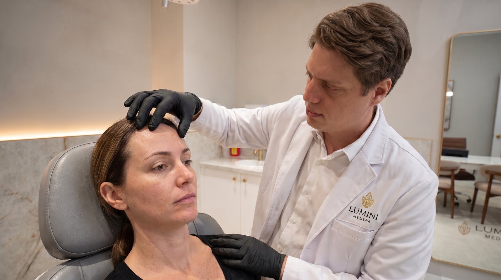 Physician examining a patient before Botox treatment at Lumini Medical Spa in Aventura, FL, serving North Miami Beach
