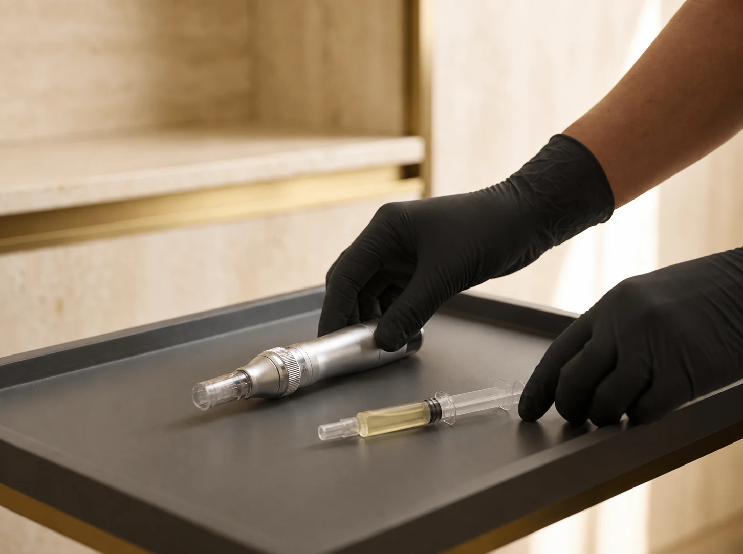 Microneedling pen and a capped syringe containing light straw-yellow PRP on a sterile tray, handled with black nitrile gloves at Lumini Medical Spa in Aventura